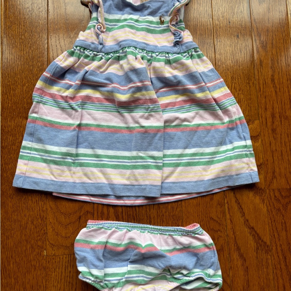 Polo by Ralph Lauren Blue Pink Ruched Sundress with Flutter Sleeves